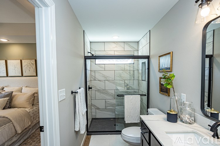 A modern bathroom with a walk-in shower and a toilet.