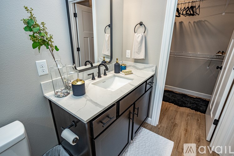 A bathroom with a sink, mirror, toilet and a plant.