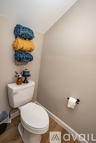 A white toilet with a towel rack above it.