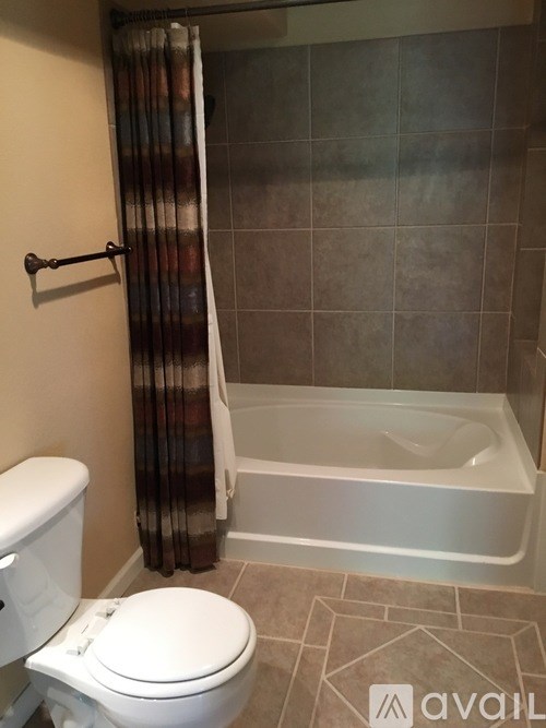 A bathroom with a toilet, tub, and shower curtain.