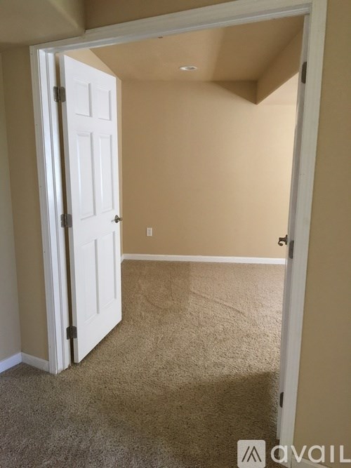 A room with a carpeted floor and a white door.