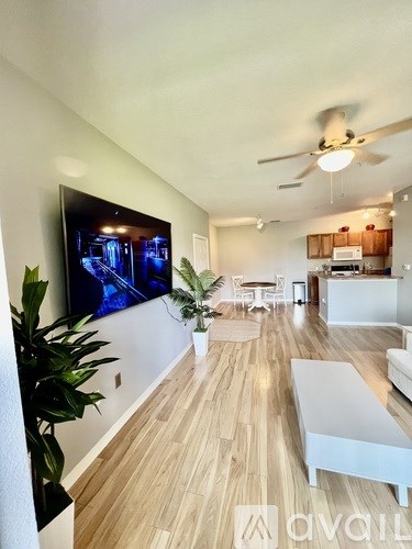 A living room with a television and a plant.