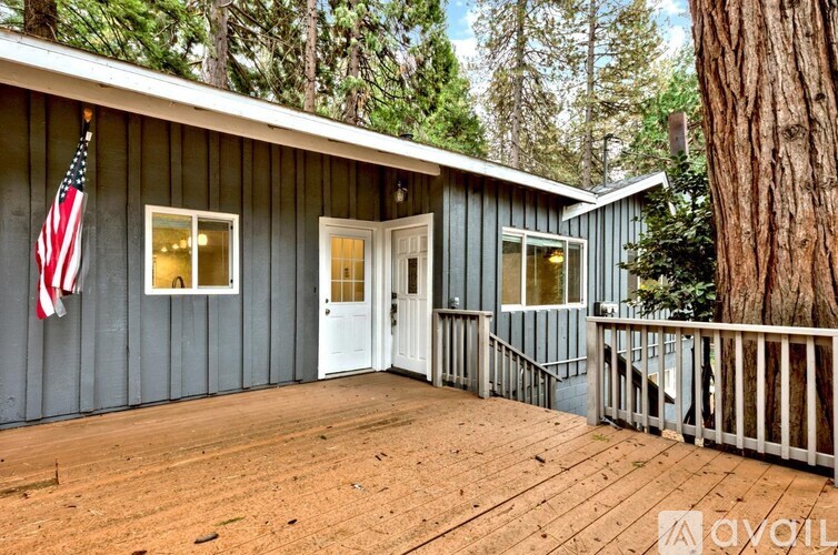 A wooden deck with a white door and a flag on the wall.