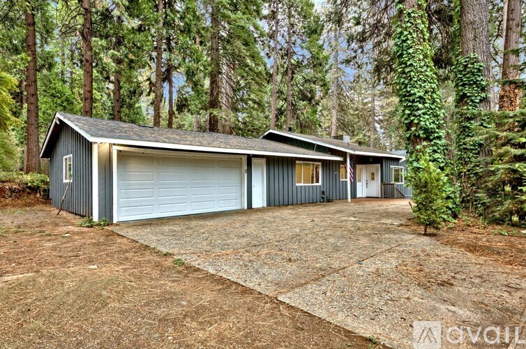 A two-car garage with a white door is situated in a wooded area.