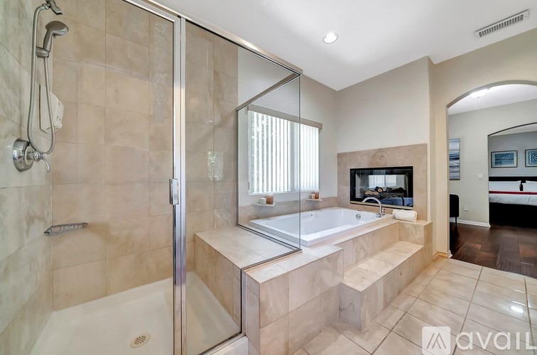 A modern bathroom with a walk-in shower and a large mirror.