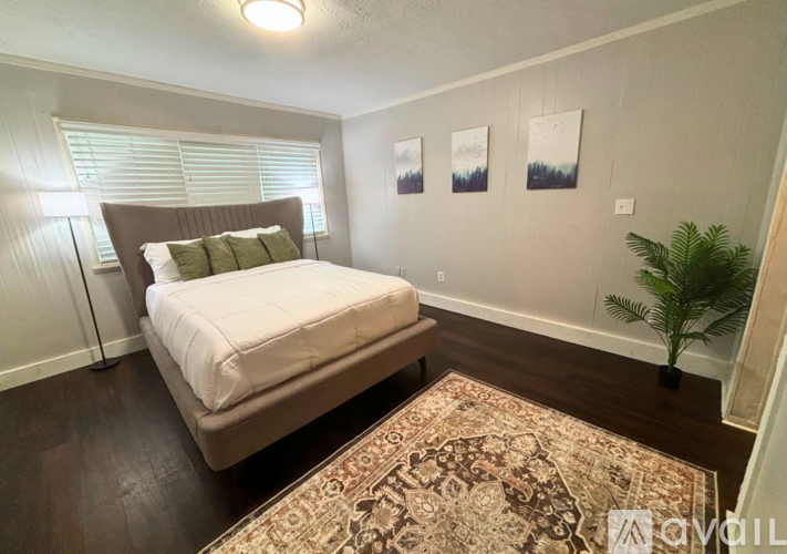 A bedroom with a bed, a plant, and pictures on the wall.