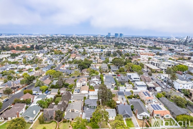 A bird's eye view of a residential area with houses and trees.
