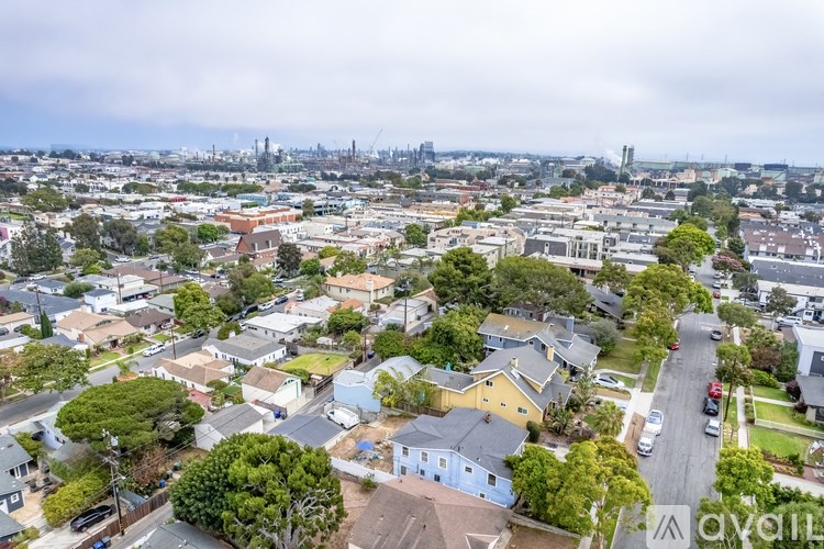 A bird's eye view of a residential area with houses and trees.