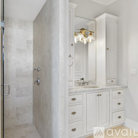 A bathroom with a walk-in shower and a vanity with a mirror.