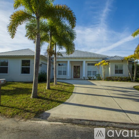A house with a white exterior and a grey roof is surrounded by palm trees.
