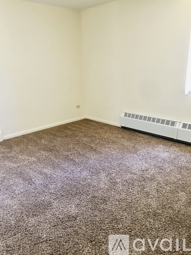 A room with a carpeted floor and a radiator on the wall.