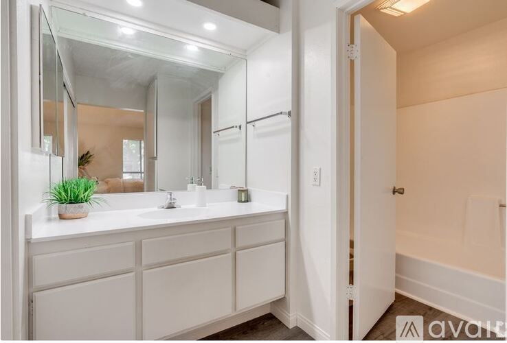 A bathroom with a white vanity and a mirror above it.