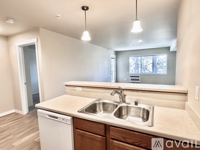 A kitchen with a white dishwasher and a double sink.