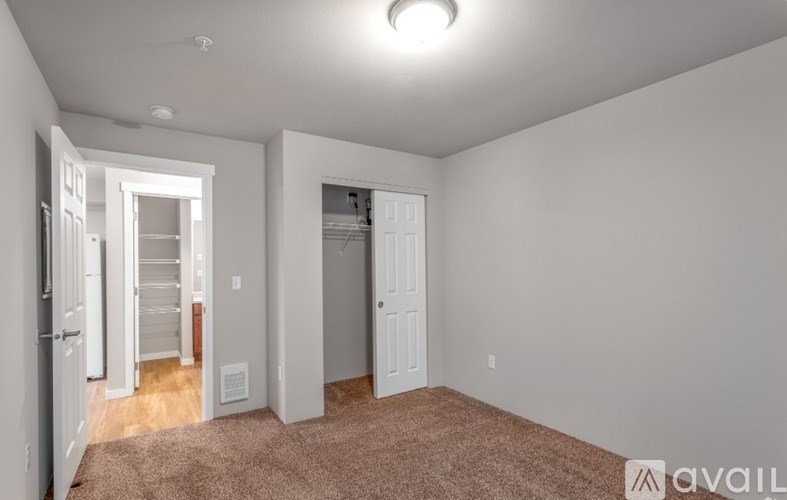 A room with a brown carpet and white walls.