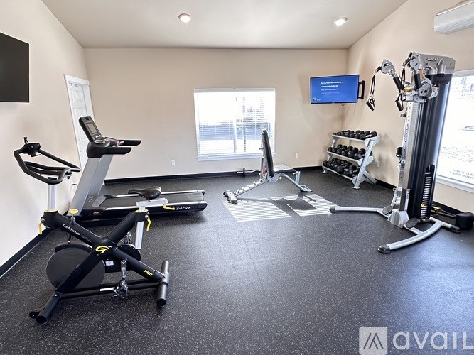 A home gym with a treadmill, elliptical trainer, and other exercise equipment.