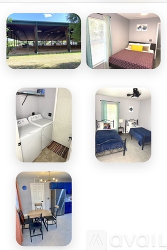 A collage of six images showing different rooms and outdoor areas.