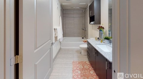 A bathroom with a toilet, sink, and a rug on the floor.