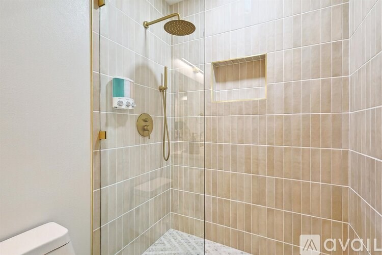A bathroom with a white toilet and a shower with a gold shower head.