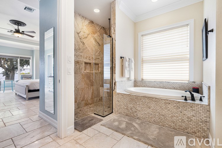 A bathroom with a walk-in shower and a bathtub.