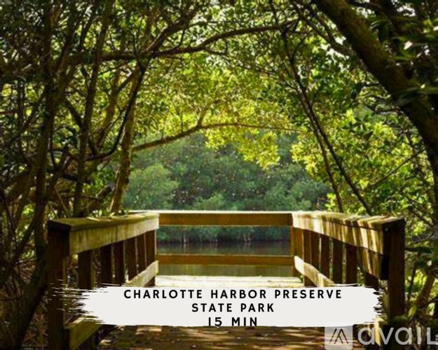A wooden bridge over a body of water with the text "Charlotte Harbor Preserve State Park 15 min" overlaid on the image.