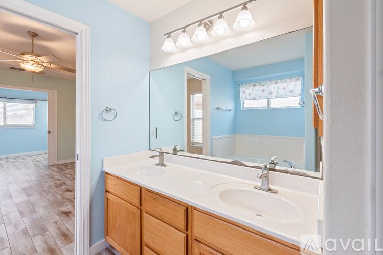 A bathroom with a blue wall and a white sink.
