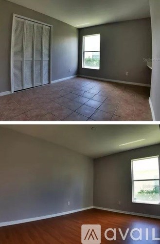 Two images of an empty room with a window and tiled floor.