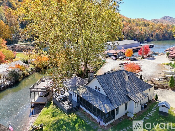 A house with a black roof is surrounded by trees with autumn leaves.