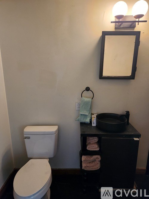 A white toilet sits next to a black cabinet with a mirror above it.