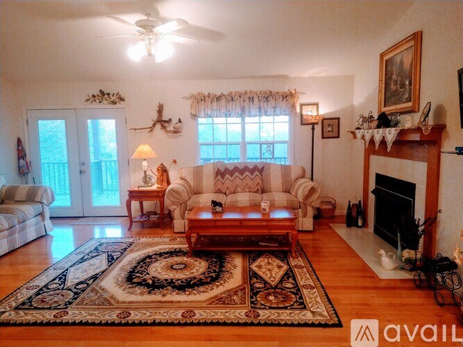 A living room with a rug, a couch, a fireplace, and a television.