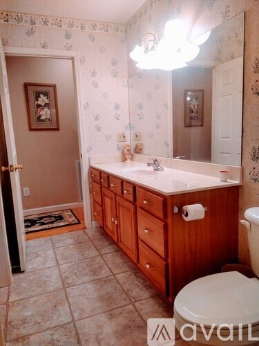 A bathroom with a toilet, sink, and mirror.