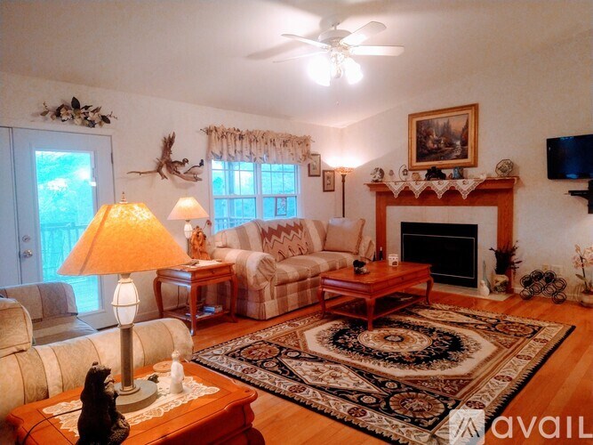A living room with a fireplace, a couch, a chair, a coffee table, a lamp, and a rug.