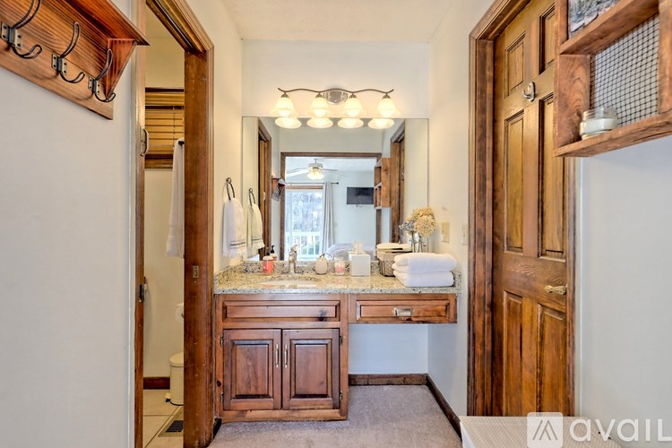 A bathroom with a vanity and a mirror.