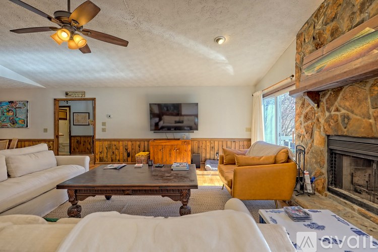 A living room with a fireplace and a television.
