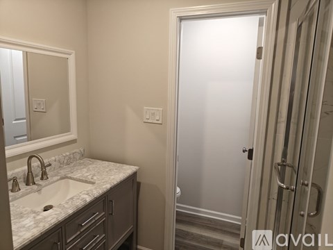 A bathroom with a sink, mirror, and shower.