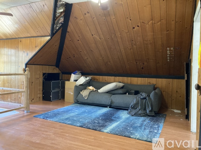 A living room with a grey couch and a blue rug.