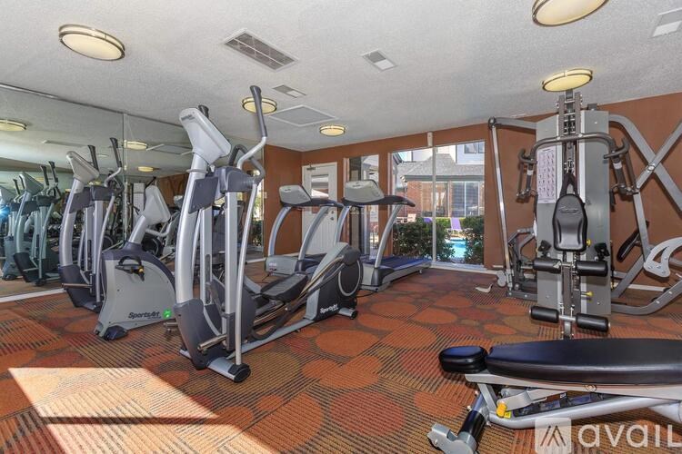 A gym with a variety of equipment including treadmills, elliptical machines, and weight machines.