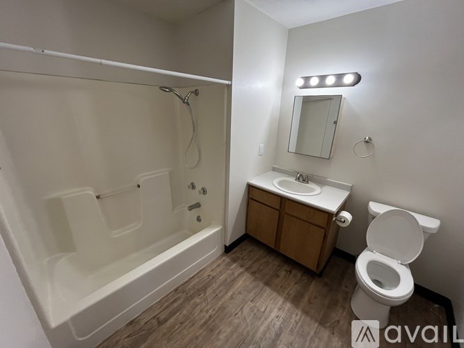 A bathroom with a toilet, sink, and shower.