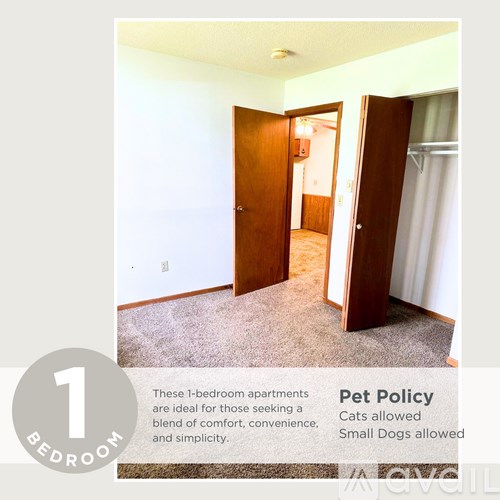 A room with a door and a sign that says Pet Policy.
