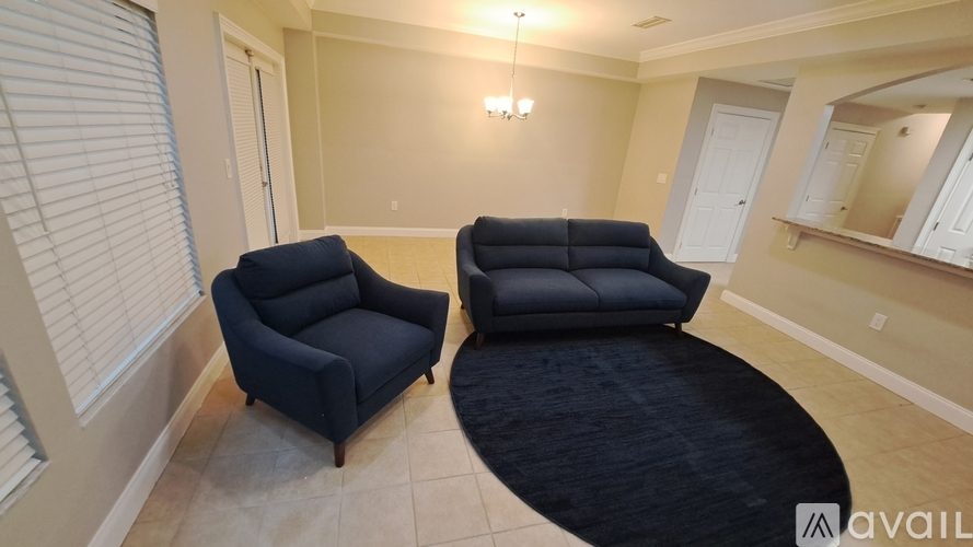 Two black chairs are placed in a room with a rug and a mirror.