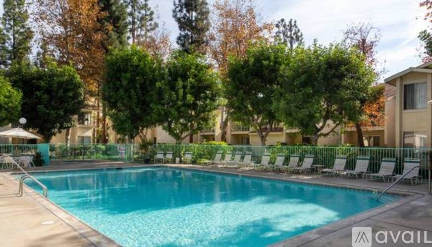 A swimming pool surrounded by trees and chairs.