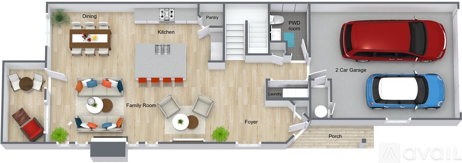 A floor plan of a house with a garage and a family room.