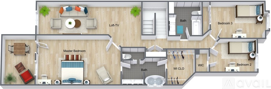 A floor plan of an apartment with a living room, kitchen, and two bedrooms.