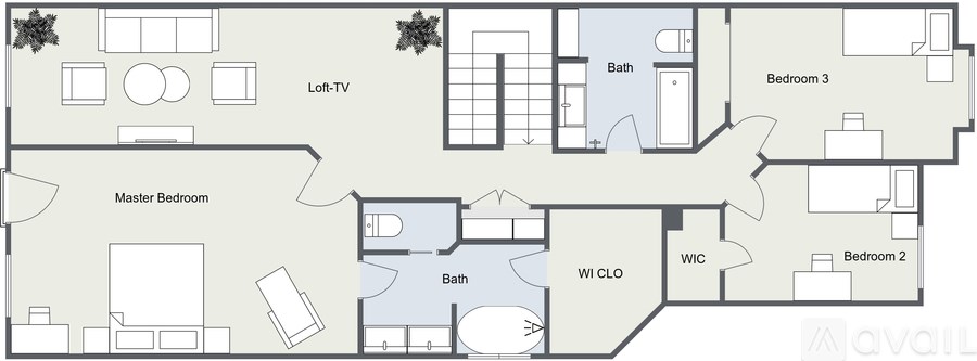 A floor plan of an apartment with a master bedroom, two additional bedrooms, a living room with a TV, a bathroom, a kitchen, and a laundry room.