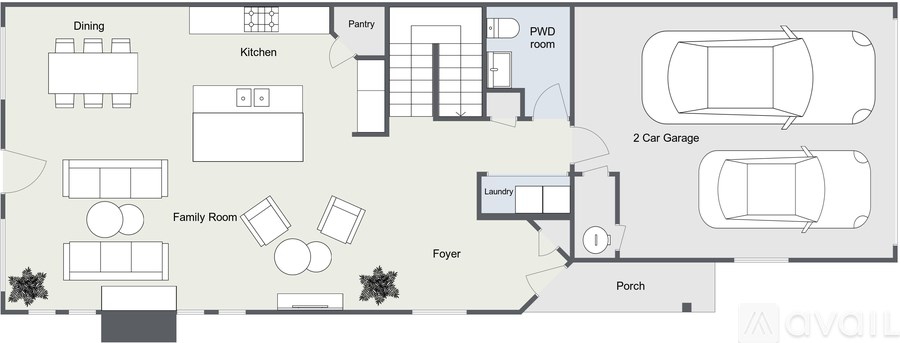 A floor plan of a house with a garage and a foyer.