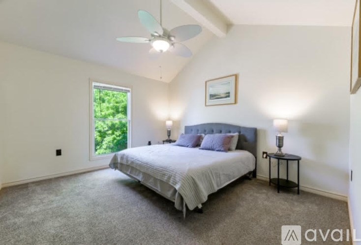 A bedroom with a bed, two lamps, and a ceiling fan.