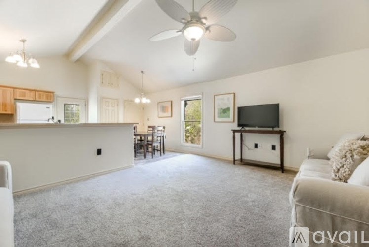 A living room with a television, a couch, and a dining table.