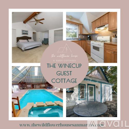 The image showcases a guest cottage with a bedroom, kitchen, and pool.