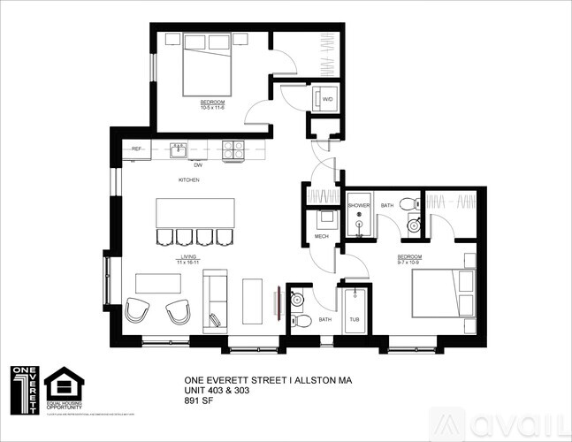 A black and white floor plan of a two-bedroom apartment.