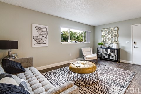 A living room with a grey sofa and a black and white rug.