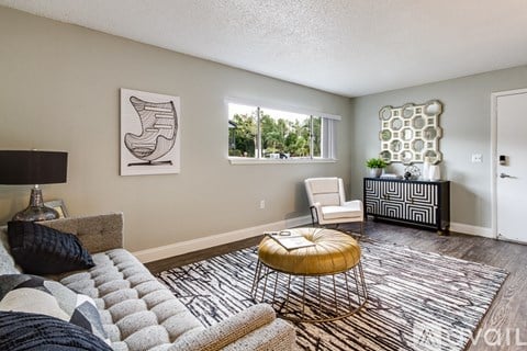A living room with a grey sofa and a black and white rug.